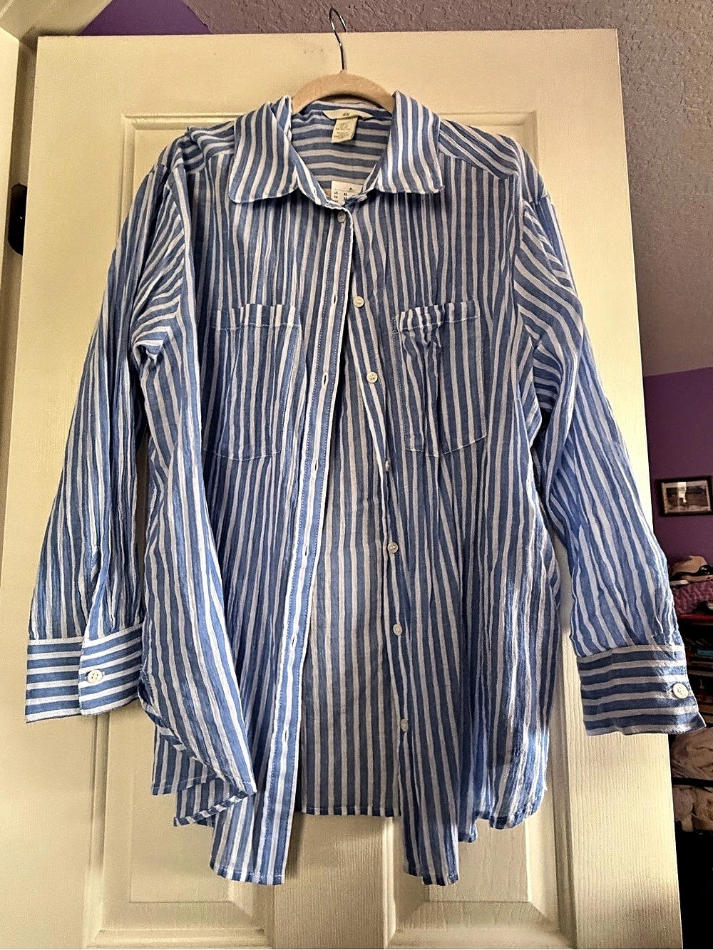 NWT H&M Oversized Shirt Striped Cotton Button Down in Blue & White XL